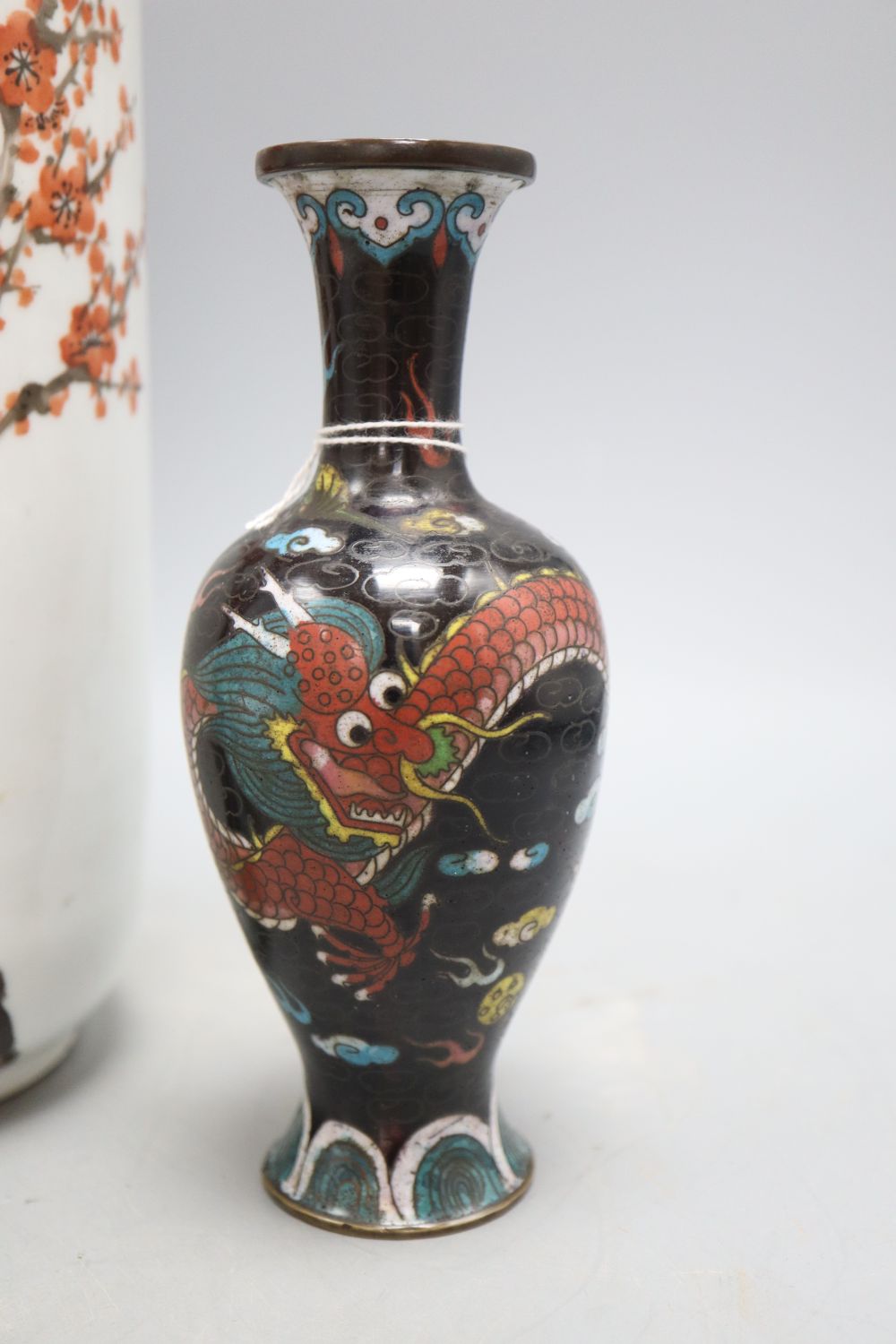 A Chinese vase, a cloisonne dragon vase and a hardstone carving, tallest 31cm